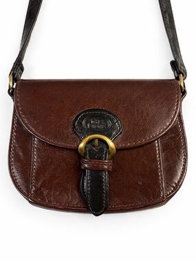 Leather Crossbody Vintage Bag in Brown and Black with Brass Buckle